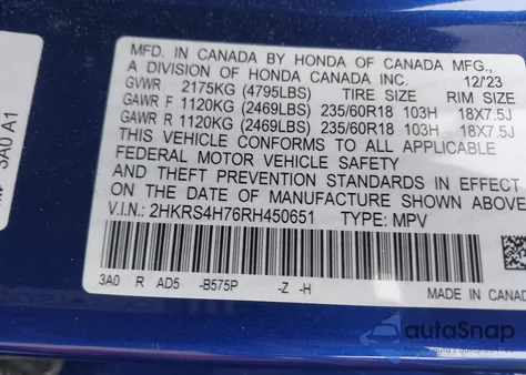 2024 Honda Cr-V Ex-L Awd z USA, uszkodzony, nr VIN 2HKRS4H76RH450651